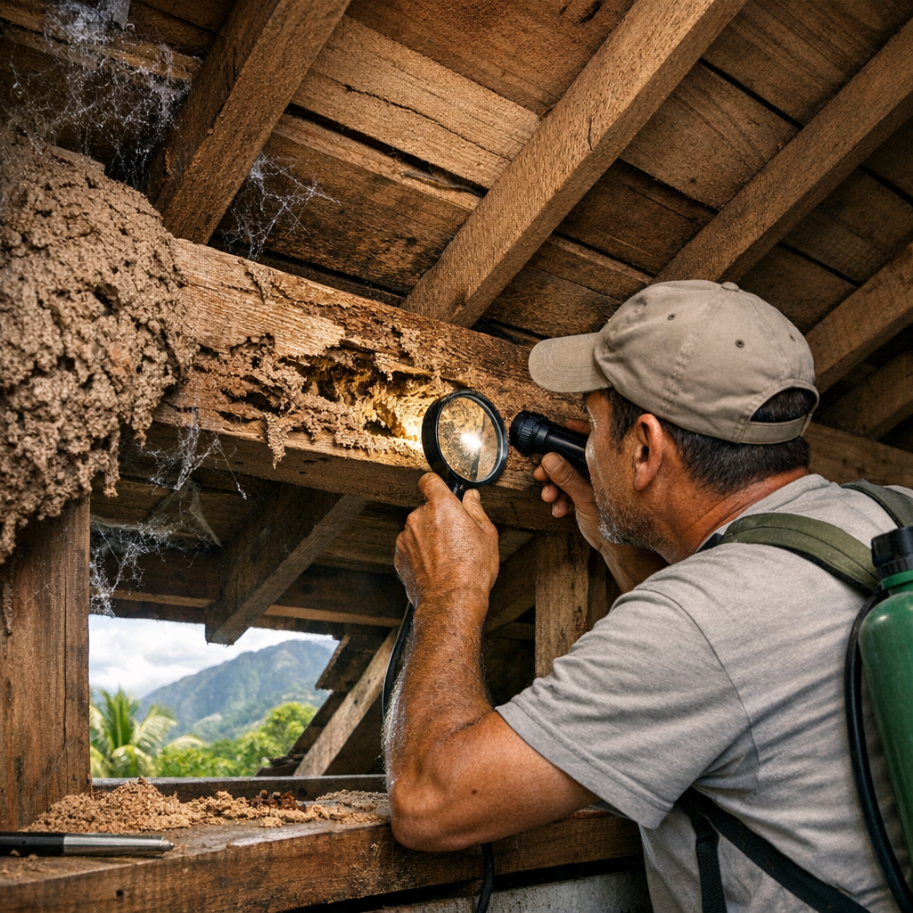Inspection de charpente en bois pour détecter la présence de termites dans une maison réunionnaise